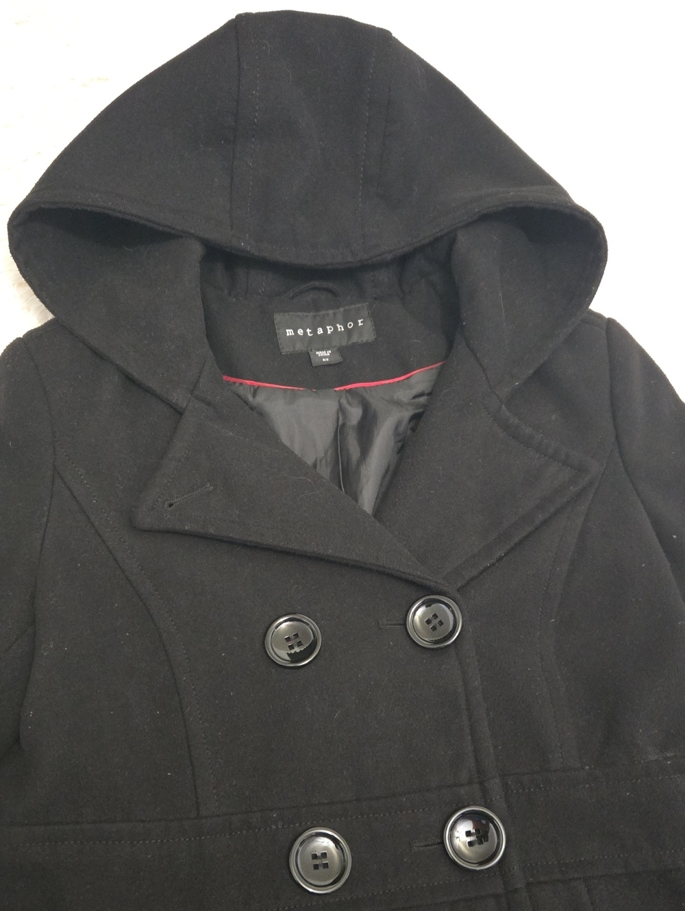 Metaphor Womens Black Hooded Double-Breasted Pea Coat Size S
